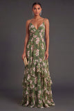 Ruffled Dark Green A Line Floral Long Wedding Guest Dress