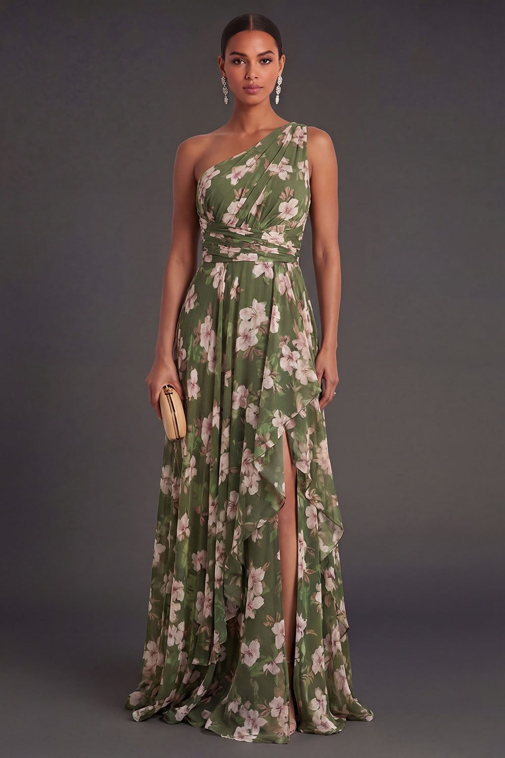 Leely Women Ruffled Dark Green Floral Long Wedding Guest Dress with