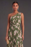 Ruffled Dark Green One Shoulder Floral Long Wedding Guest Dress with Slit