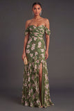Dark Green Off the Shoulder Floral Long Wedding Guest Dress with Slit