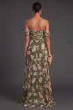 Dark Green Off the Shoulder Floral Long Wedding Guest Dress with Slit
