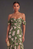 Dark Green Off the Shoulder Floral Long Wedding Guest Dress with Slit