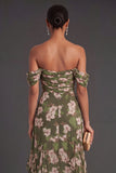 Dark Green Off the Shoulder Floral Long Wedding Guest Dress with Slit