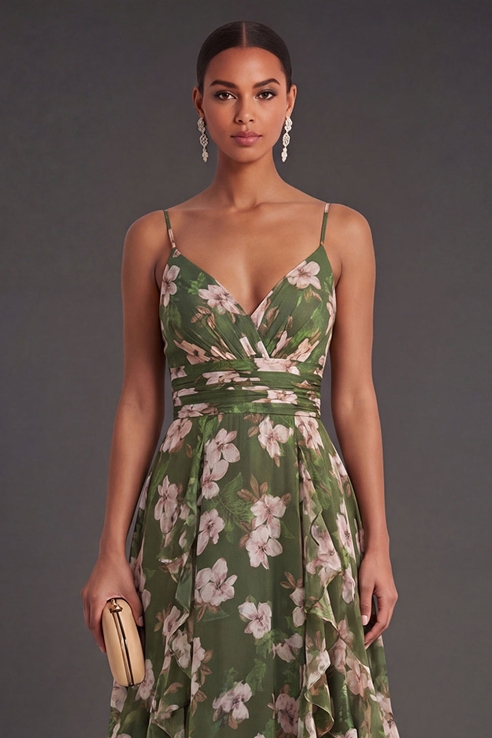 Leely Women Dark Green Off the Shoulder Floral Long Wedding Guest Dress