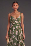 Dark Green Backless Floral Midi Wedding Guest Dress with Slit