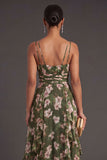 Dark Green Backless Floral Midi Wedding Guest Dress with Slit