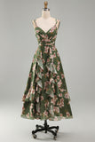 Dark Green Backless Floral Midi Wedding Guest Dress with Slit