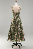 Dark Green Backless Floral Midi Wedding Guest Dress with Slit