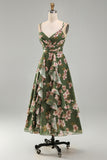 Dark Green Backless Floral Midi Wedding Guest Dress with Slit