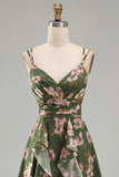 Dark Green Backless Floral Midi Wedding Guest Dress with Slit