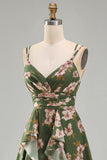 Dark Green Backless Floral Midi Wedding Guest Dress with Slit
