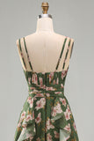 Dark Green Backless Floral Midi Wedding Guest Dress with Slit