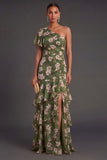 Dark Green Ruffled Floral Long Wedding Guest Dress with Slit