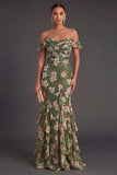 Mermaid Dark Green Ruffled Floral Long Wedding Guest Dress
