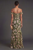 Mermaid Dark Green Ruffled Floral Long Wedding Guest Dress