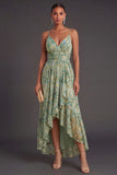 A Line Floral Dusty Green Spaghetti Straps High Low Wedding Guest Dress