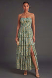 A Line Floral Dusty Green Tiered Long Wedding Guest Dress with Slit