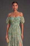 A Line Floral Dusty Green Puff Sleeves Long Wedding Guest Dress with Slit