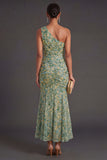 Dusty Green Mermaid Floral One Shoulder Long Wedding Guest Dress