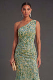 Dusty Green Mermaid Floral One Shoulder Long Wedding Guest Dress