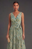 A Line Dusty Green Floral Long Wedding Guest Dress