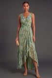 Ruffled A Line Dusty Green Floral High Low Wedding Guest Dress