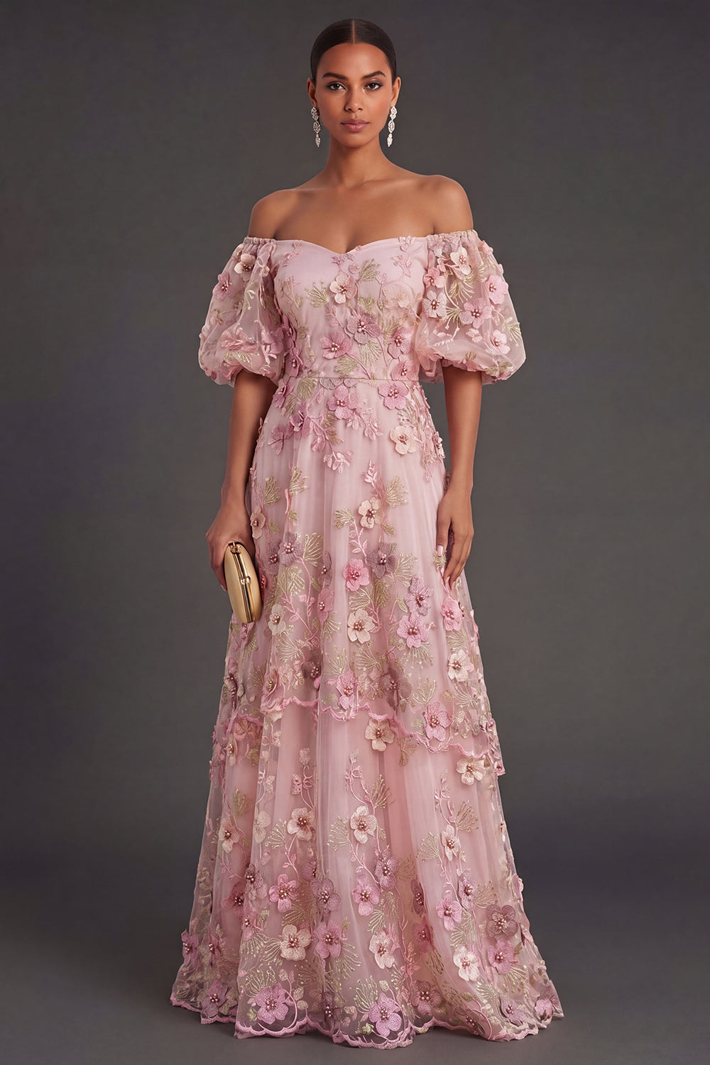 Pink Fuchsia Floral A Line Appliqued Long Wedding Guest Dress