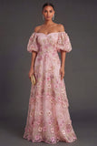 Pink Fuchsia Floral A Line Appliqued Long Wedding Guest Dress