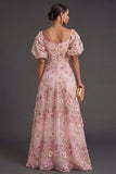 Pink Fuchsia Floral A Line Appliqued Long Wedding Guest Dress