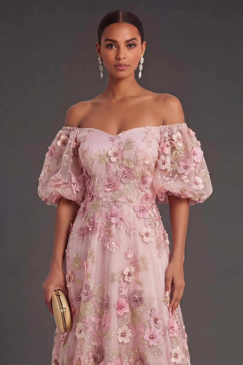 Pink Fuchsia Floral A Line Appliqued Long Wedding Guest Dress