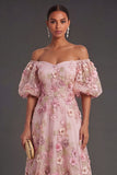 Pink Fuchsia Floral A Line Appliqued Long Wedding Guest Dress