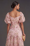 Pink Fuchsia Floral A Line Appliqued Long Wedding Guest Dress