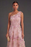 Ruched Pink Fuchsia Floral A Line Long Wedding Guest Dress