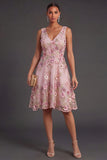 V Neck Pink Fuchsia Floral Summer Short Wedding Guest Dress