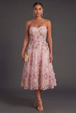 Floral Pink Fuchsia Appliqued Backless Midi Wedding Guest Dress