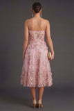 Floral Pink Fuchsia Appliqued Backless Midi Wedding Guest Dress