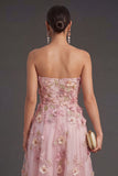 Floral Pink Fuchsia Appliqued Backless Midi Wedding Guest Dress