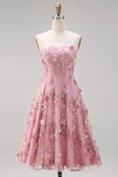 Floral Pink Fuchsia Appliqued Backless Midi Wedding Guest Dress