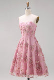 Floral Pink Fuchsia Appliqued Backless Midi Wedding Guest Dress