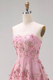 Floral Pink Fuchsia Appliqued Backless Midi Wedding Guest Dress