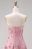 Floral Pink Fuchsia Appliqued Backless Midi Wedding Guest Dress
