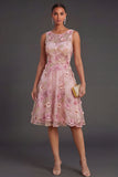Floral Pink Fuchsia Appliqued Illusion Neck Midi Wedding Guest Dress