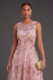 Floral Pink Fuchsia Appliqued Illusion Neck Midi Wedding Guest Dress
