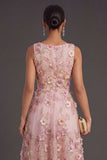 Floral Pink Fuchsia Appliqued Illusion Neck Midi Wedding Guest Dress