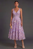 A Line Lilac Floral V Neck Midi Wedding Guest Dress