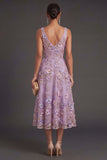 A Line Lilac Floral V Neck Midi Wedding Guest Dress