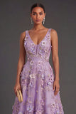 A Line Lilac Floral V Neck Midi Wedding Guest Dress