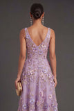 A Line Lilac Floral V Neck Midi Wedding Guest Dress