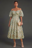 Blue Floral A Line Appliqued Midi Wedding Guest Dress