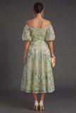 Blue Floral A Line Appliqued Midi Wedding Guest Dress